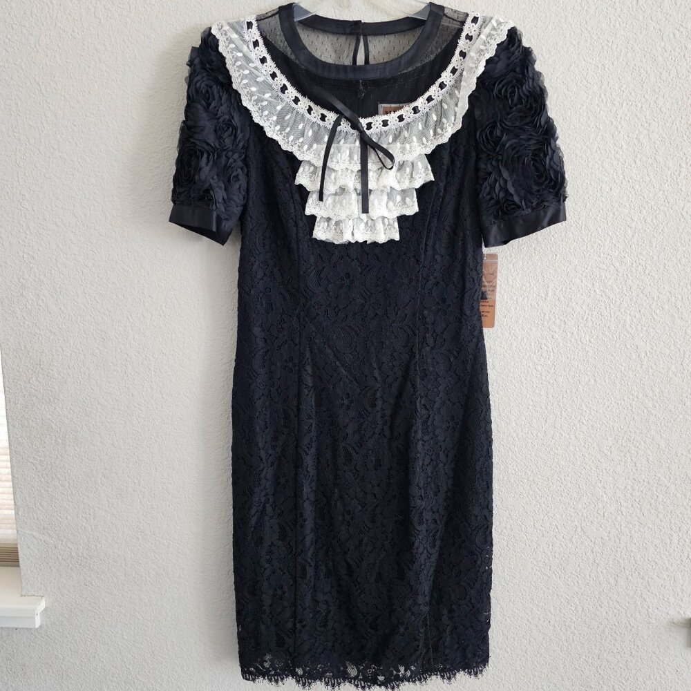 NWT | Nue by  Shani Black Lace Dress With White Lace Collar Accent Size 6